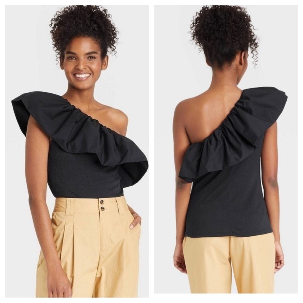 NEW Target Who What Wear Ruffle One Shoulder Asymmetrical Top in Black - Size S